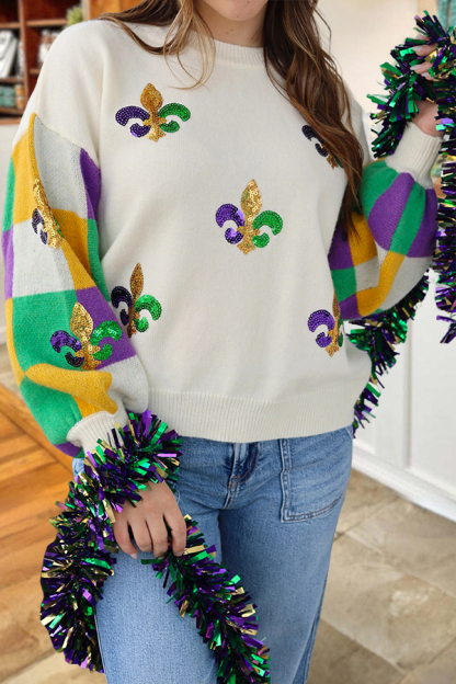 Mardi Gras Iris Checkered Sweater