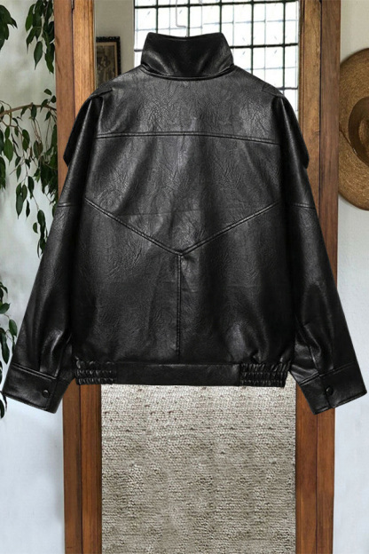 Faux Leather Stand Collar Oversized Moto Jacket