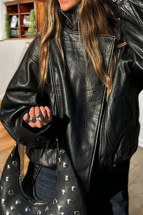 Faux Leather Stand Collar Oversized Moto Jacket