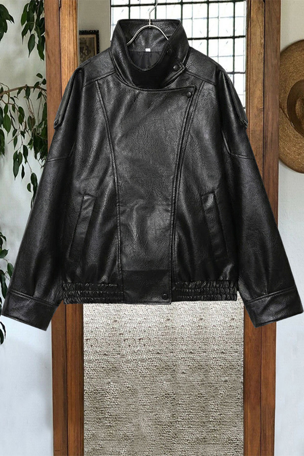 Faux Leather Stand Collar Oversized Moto Jacket