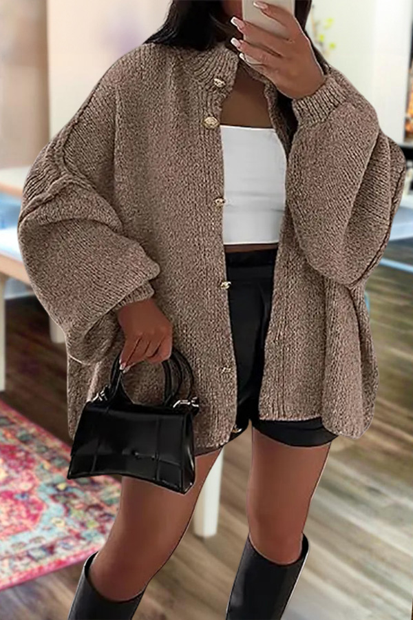 Lantern Sleeve Solid Color Knitted Cardigan
