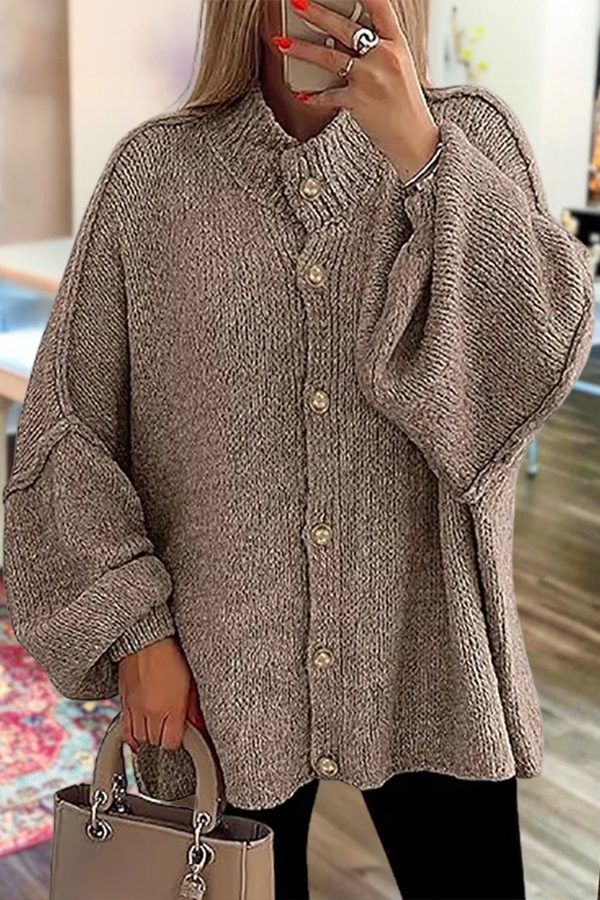 Lantern Sleeve Solid Color Knitted Cardigan