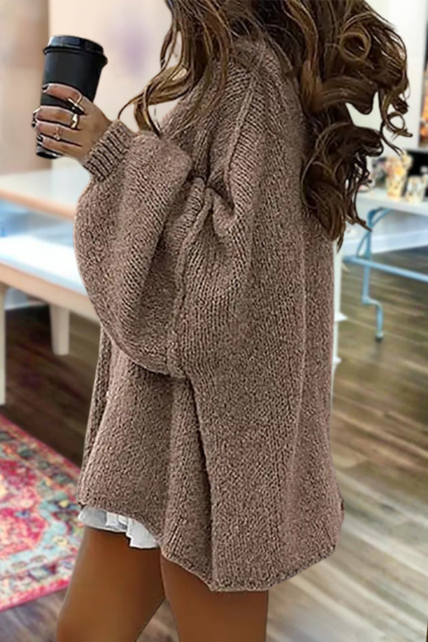 Lantern Sleeve Solid Color Knitted Cardigan