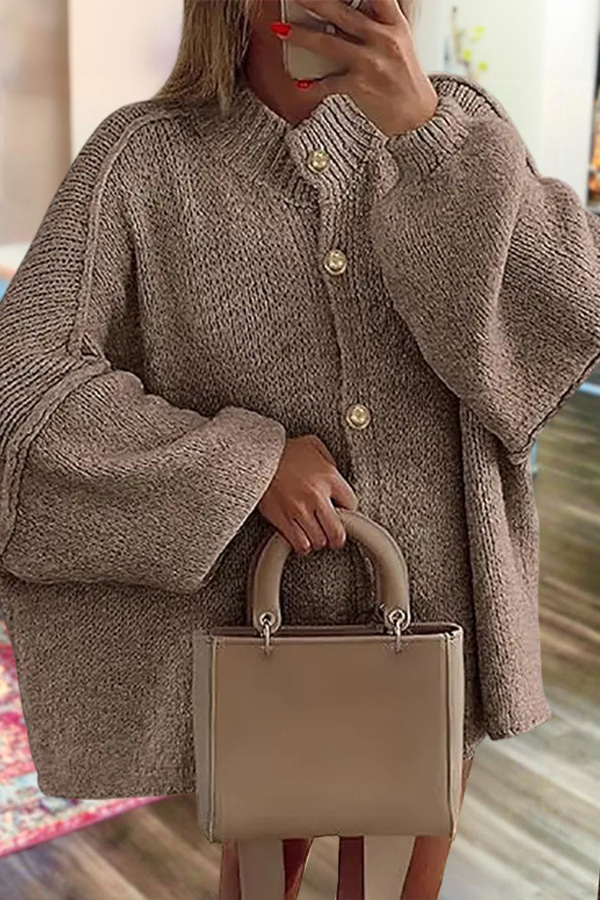 Lantern Sleeve Solid Color Knitted Cardigan