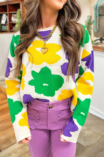 Mardi Gras Color Blocked Floral Sweater