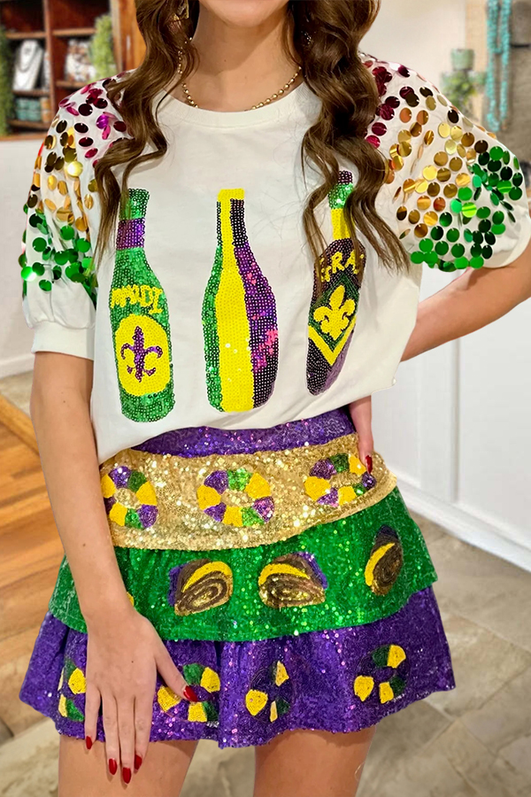 Mardi Gras Bottle Puff-Sleeved T-Shirt