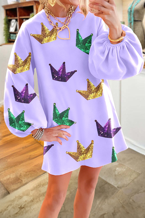 Mardi Gras Sparkling Crown Puff-Sleeved Dress