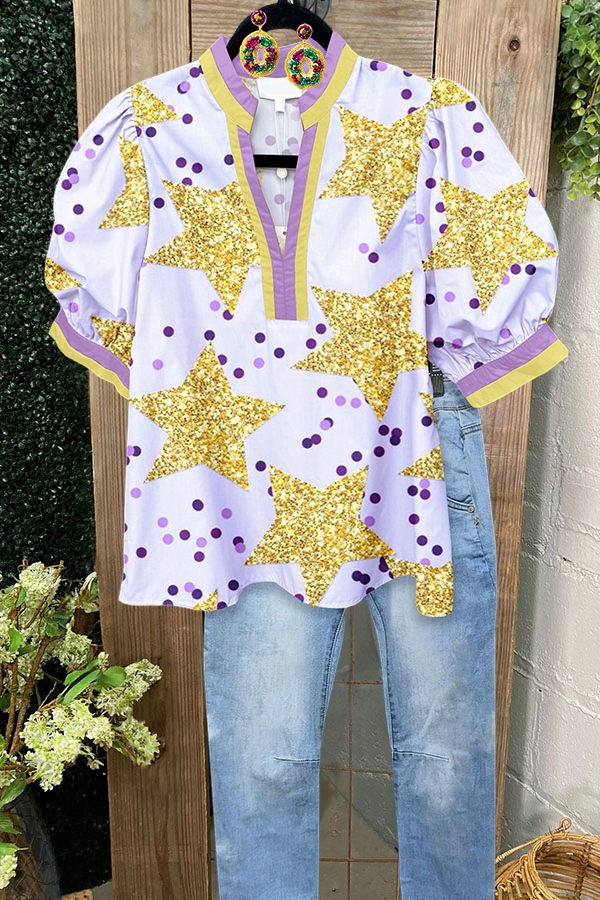 Mardi Gras Star Polka Dot Puff-Sleeved Blouse