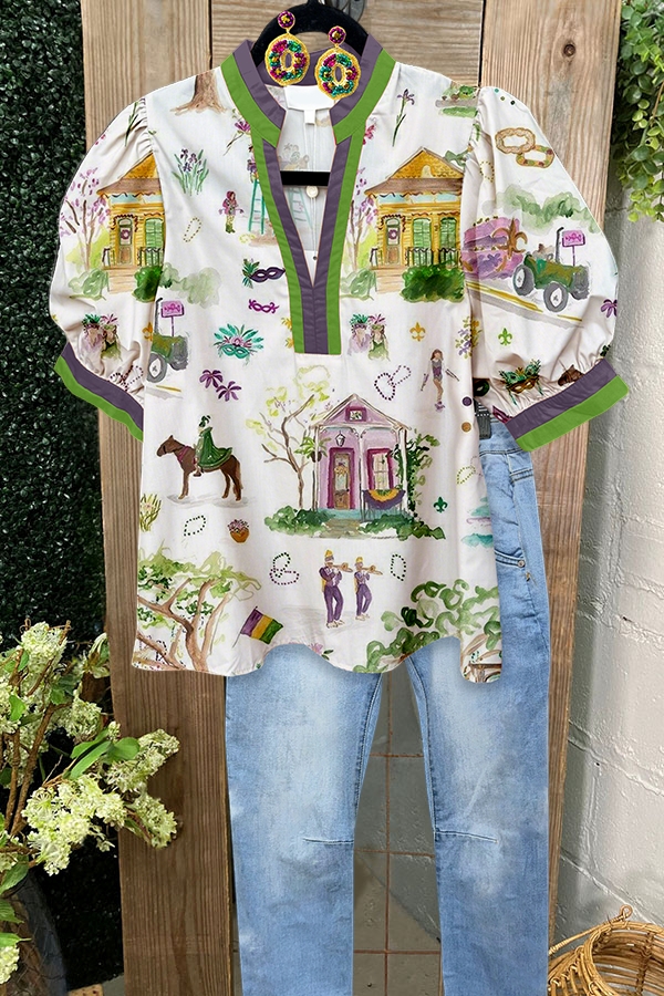 Mardi Gras Scene Puff-Sleeved Blouse