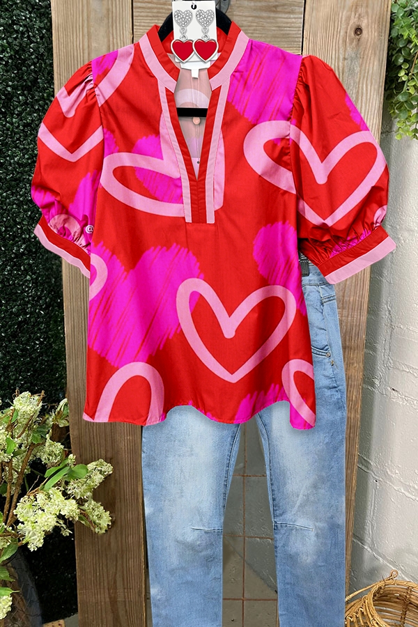 Valentine's Day Sweet Passionate Heart Puff Sleeve Blouse