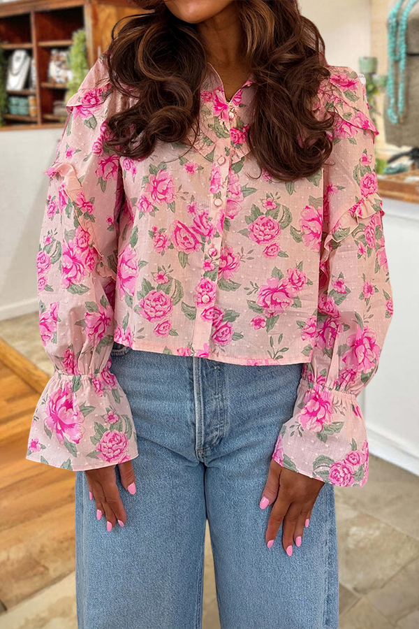 Gentle Rose Ruffled Bell-Sleeved Shirt