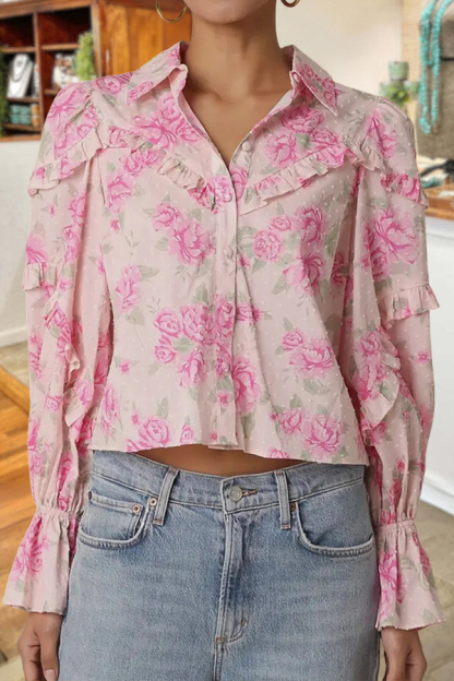 Gentle Rose Ruffled Bell-Sleeved Shirt