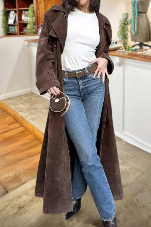 Faux Suede Long Trench Coat