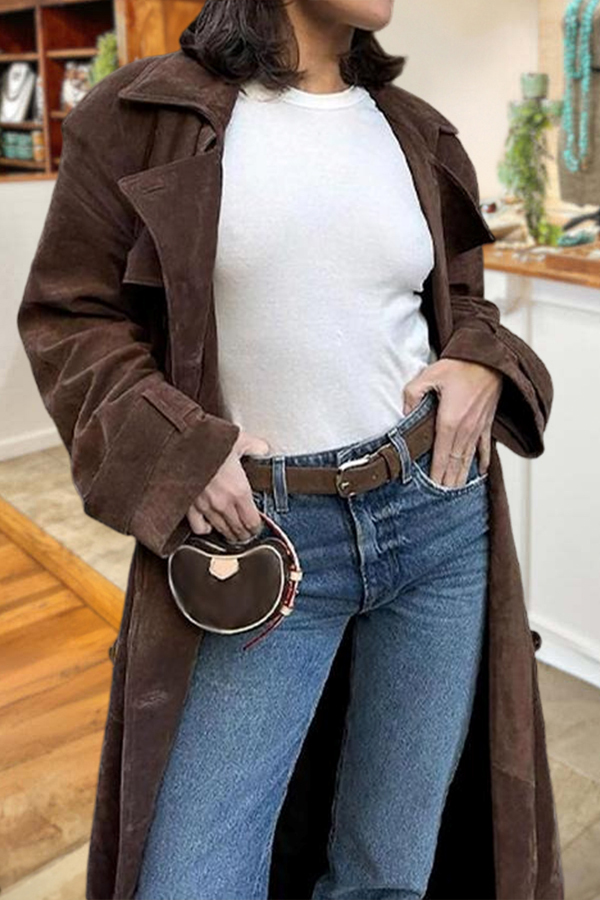 Faux Suede Long Trench Coat