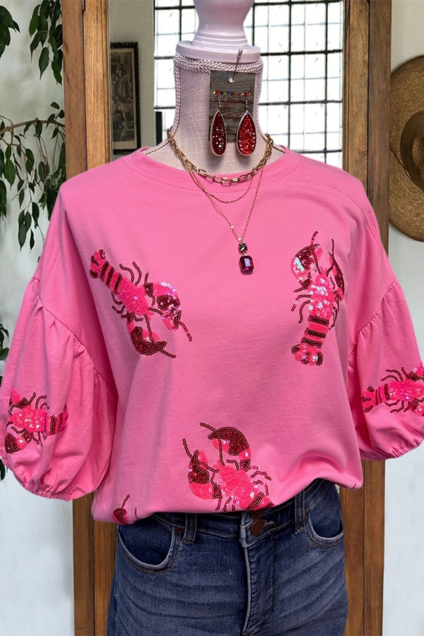Mardi Gras Crawfish Puff-Sleeved T-Shirt