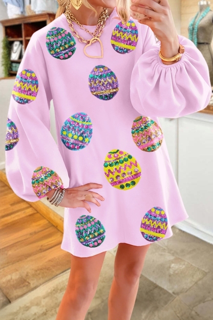 Easter Sparkly Egg Print Puff-Sleeved Dress