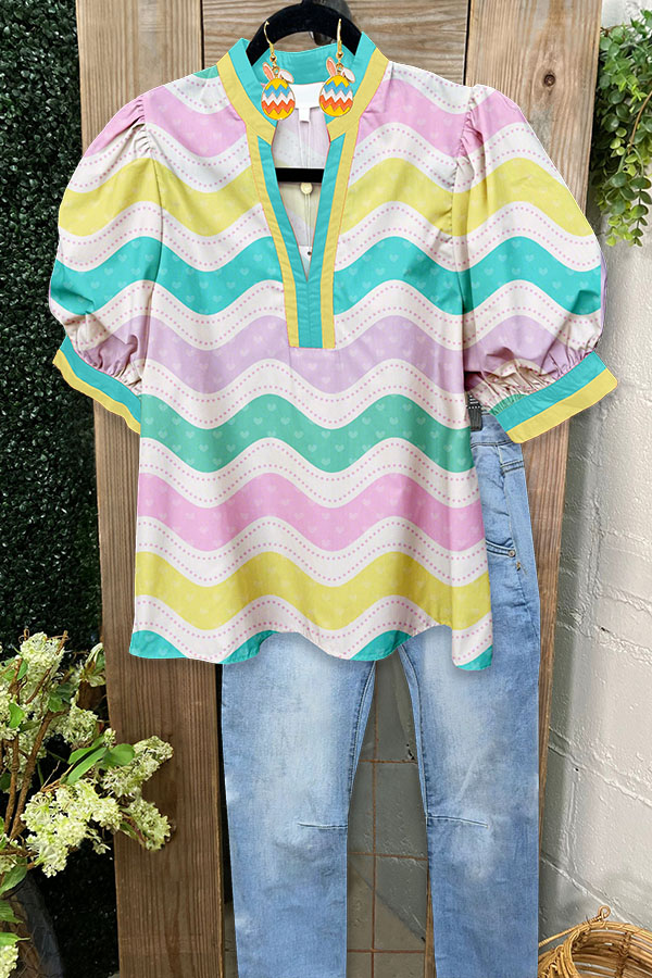 Easter Egg Print Puff-Sleeved Blouse