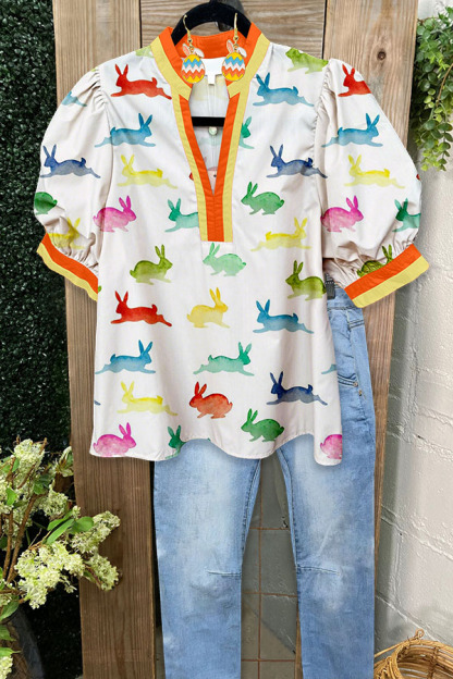 Easter Colorful Bunny Puff-Sleeved Blouse