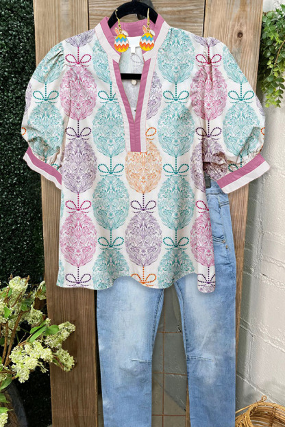 Easter Egg Bow Print Puff-Sleeved Blouse