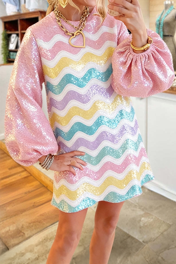 Easter Egg Striped Puff-Sleeved Dress