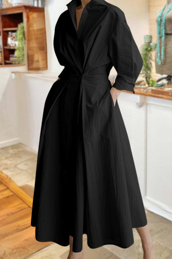 Solid Color Lapel Midi Dress