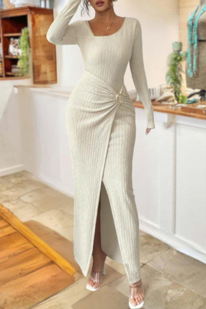 Asymmetrical-Neck Solid Color Twisted Long Dress