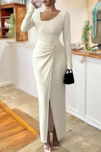 Asymmetrical-Neck Solid Color Twisted Long Dress