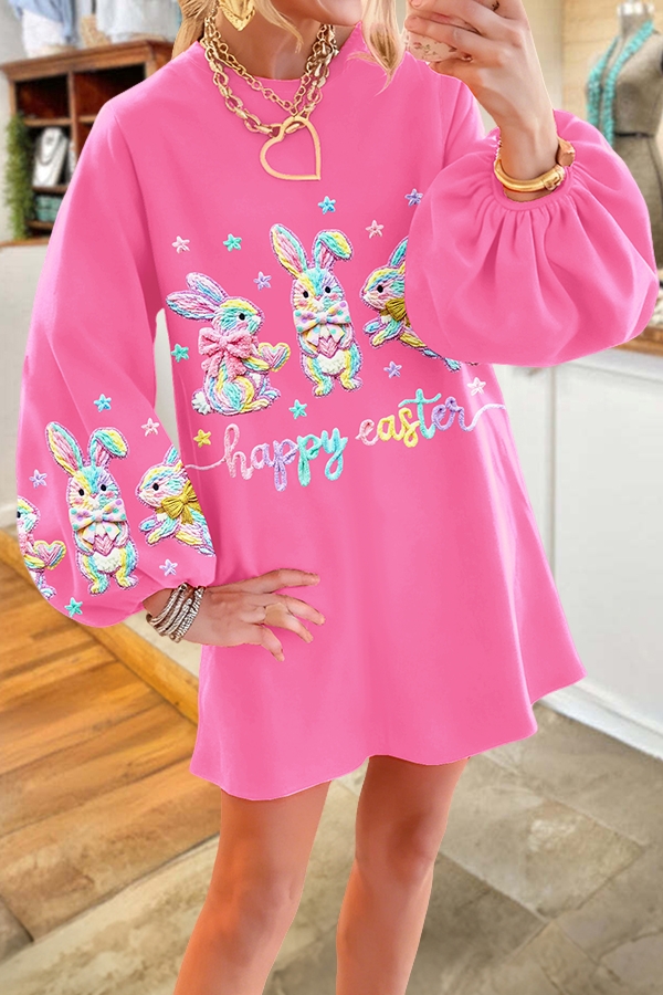 Happy Easter Bunny Puff-Sleeve Dress