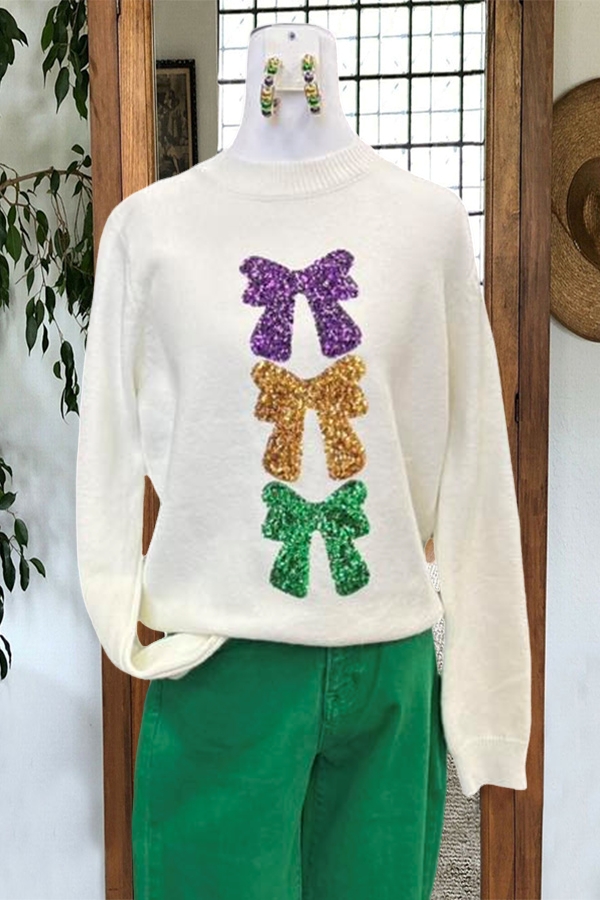 Mardi Gras Sparkly Bow Sweater