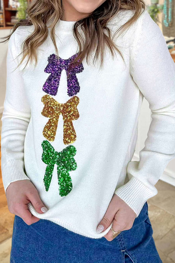 Mardi Gras Sparkly Bow Sweater
