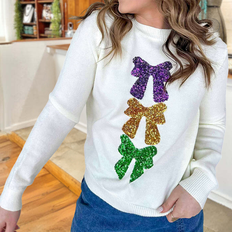 Mardi Gras Sparkly Bow Sweater