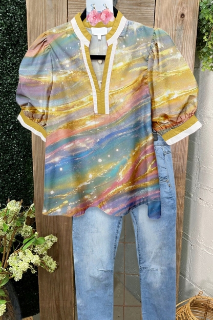 Sunset Scene Shimmering Puff-Sleeved Blouse