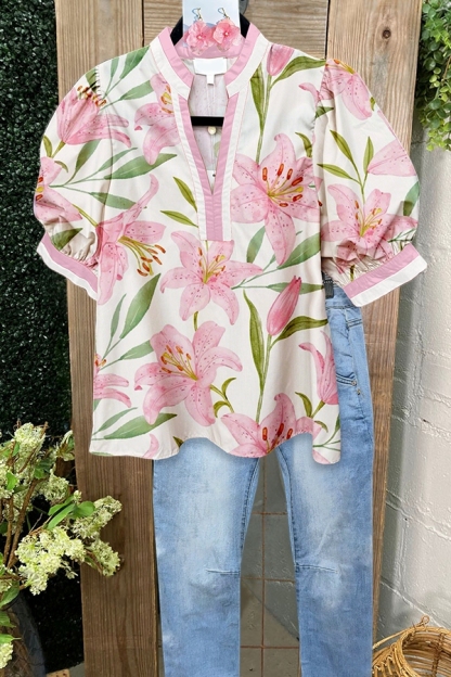 Lily Flower Puff-Sleeved Blouse