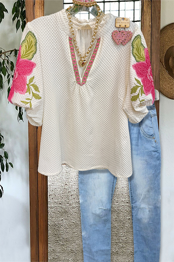 Cream Flower Embroidered Puff-Sleeved Blouse