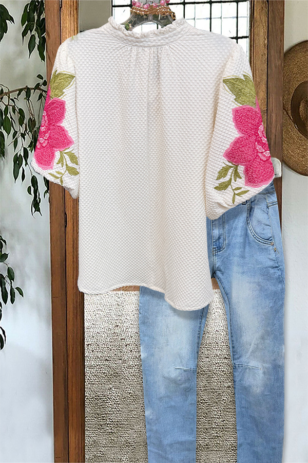Cream Flower Embroidered Puff-Sleeved Blouse