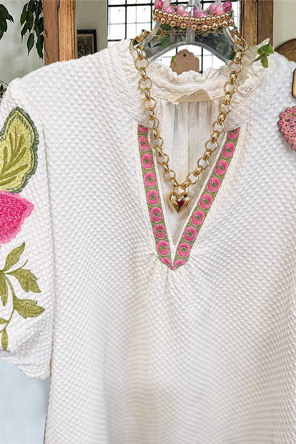Cream Flower Embroidered Puff-Sleeved Blouse