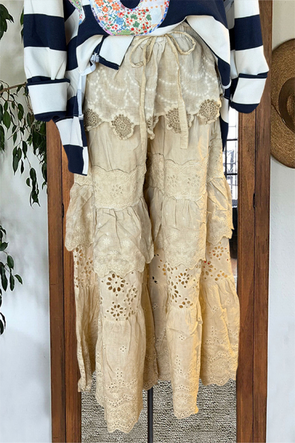 Layered Crocheted Ruffle Design Wide-Leg Pant