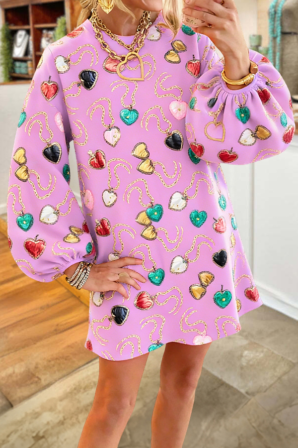 Multi Heart Lockets Puff Sleeve Sweatshirt Dress