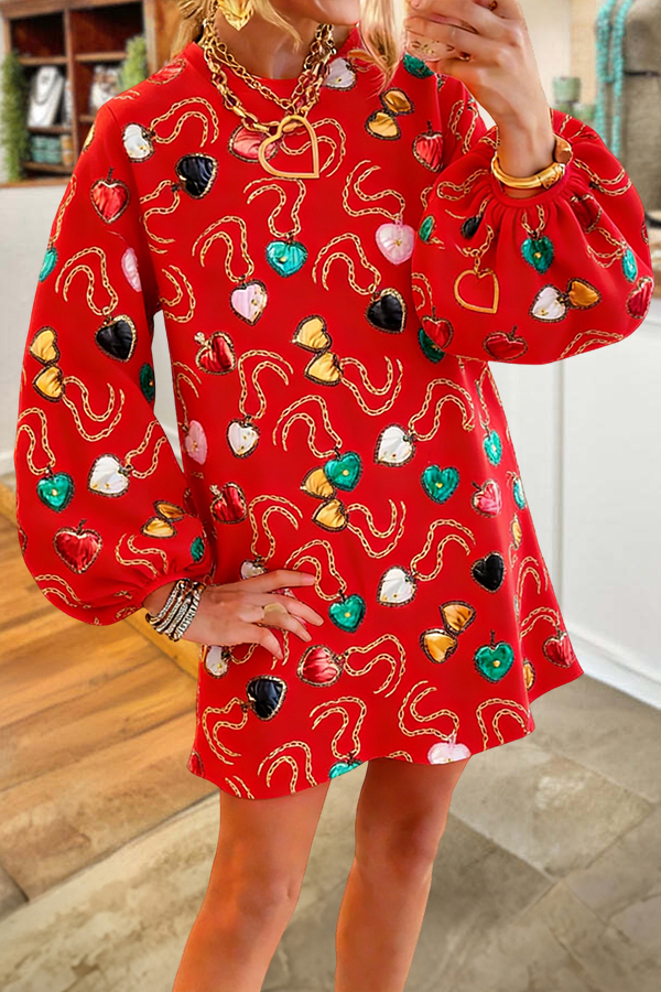 Multi Heart Lockets Puff Sleeve Sweatshirt Dress