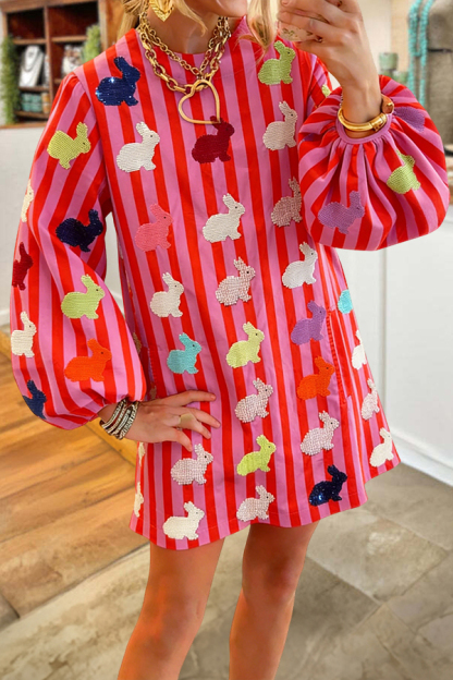 Easter Striped Multi Rabbit Puff-Sleeved Dress
