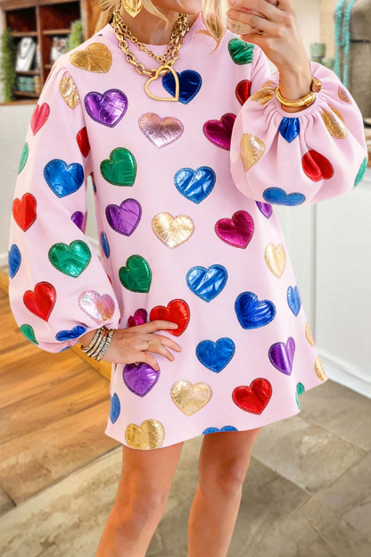 Valentine's Day Multi Heart Print Puff-Sleeved Dress
