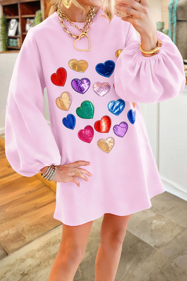 Valentine's Day Heart-Print Puff-Sleeve Dress