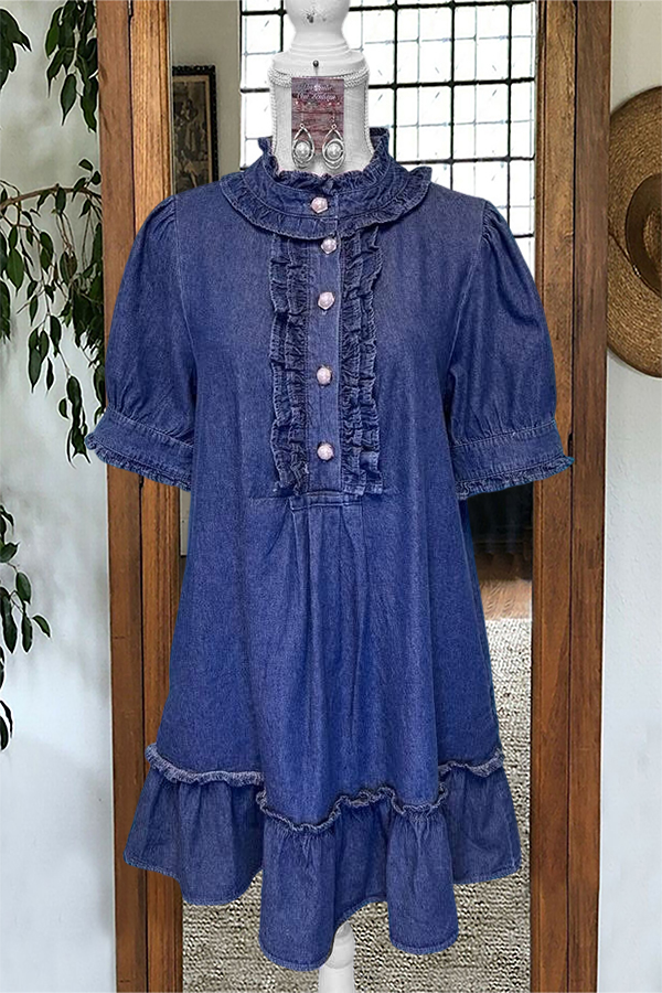 Ruffled Puff-Sleeved Denim Mini Dress