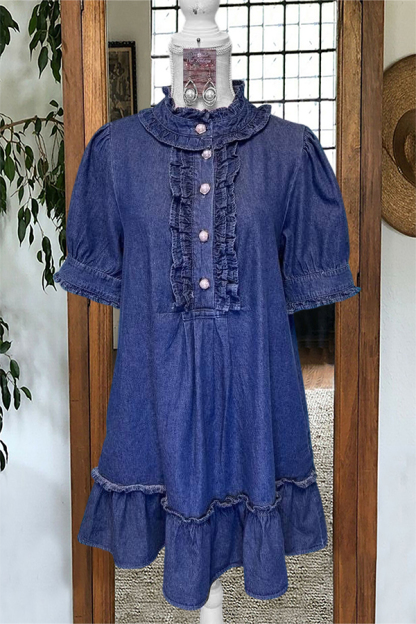 Ruffled Puff-Sleeved Denim Mini Dress