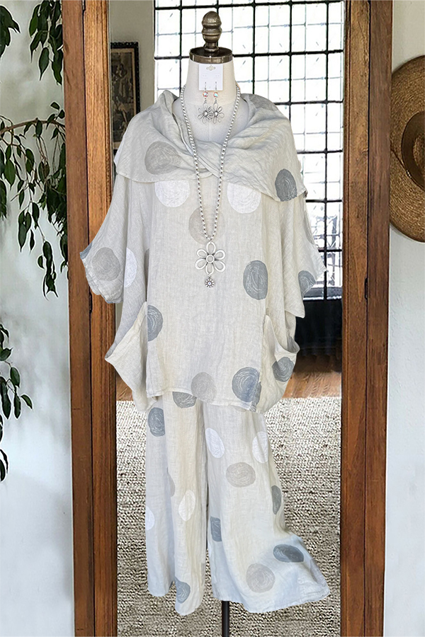 Linen Polka Dot Draped Shoulder Top