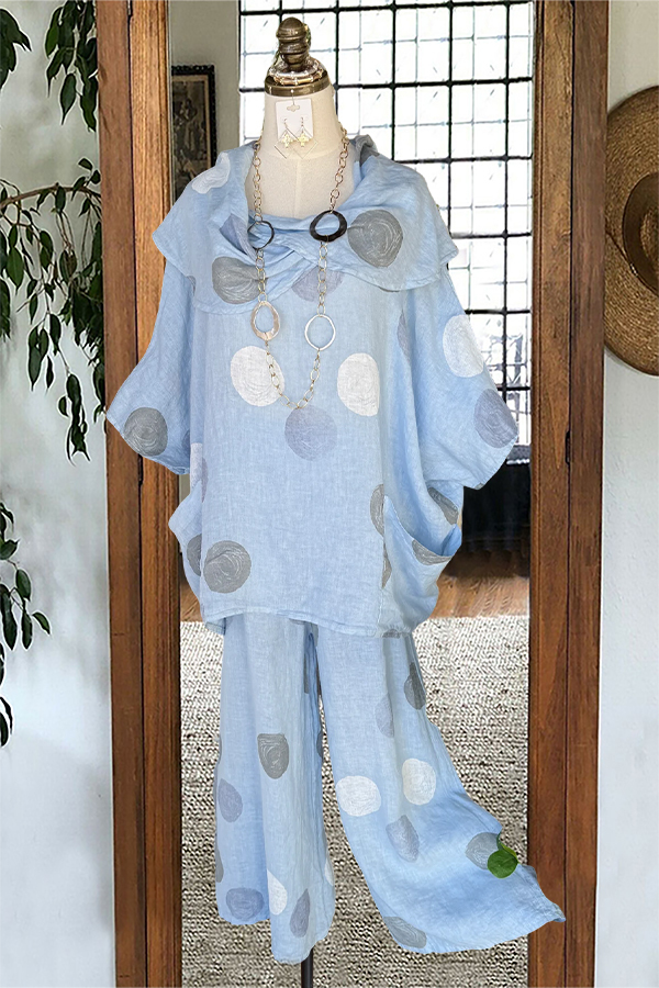 Linen Polka Dot Draped Shoulder Top