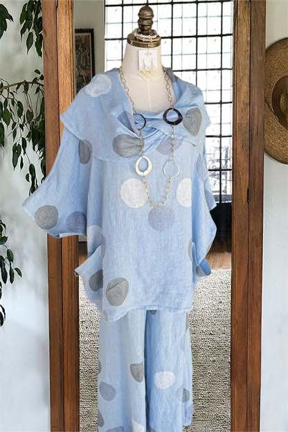 Linen Polka Dot Draped Shoulder Top