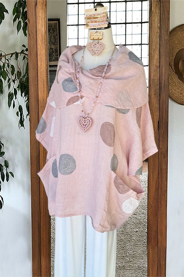 Linen Polka Dot Draped Shoulder Top