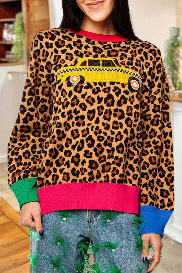Women's sweater | Leopard Print Taxi-Themed Colorful Sweater |ladyboutiquebd