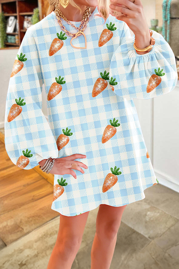 Easter Plaid Carrot Print Puff-Sleeved Dress